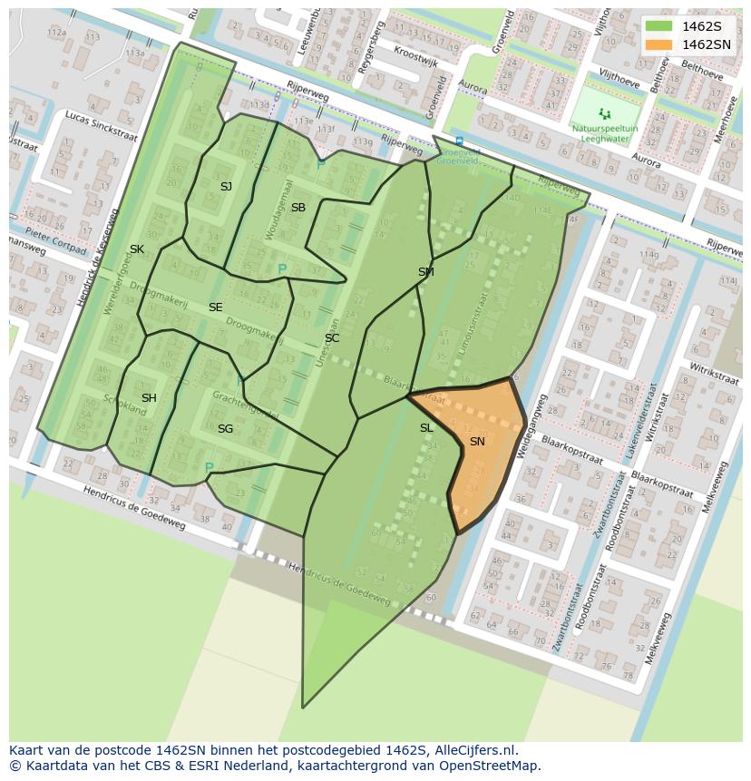 Afbeelding van het postcodegebied 1462 SN op de kaart.