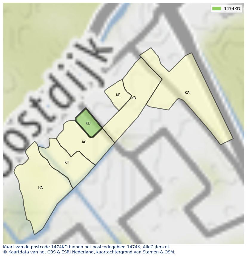 Afbeelding van het postcodegebied 1474 KD op de kaart.