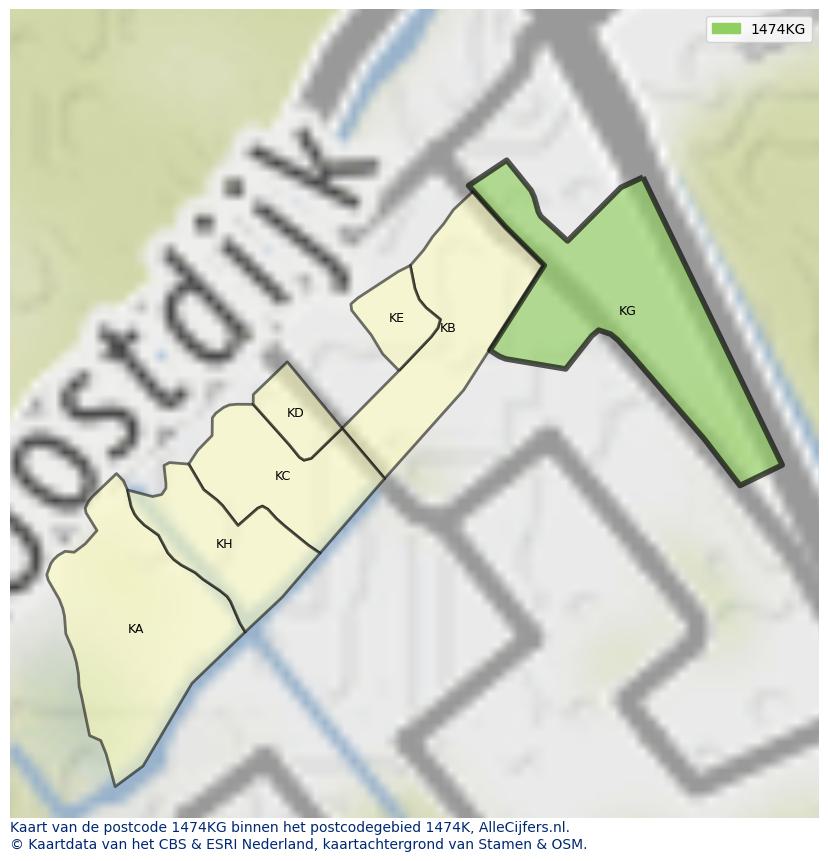 Afbeelding van het postcodegebied 1474 KG op de kaart.