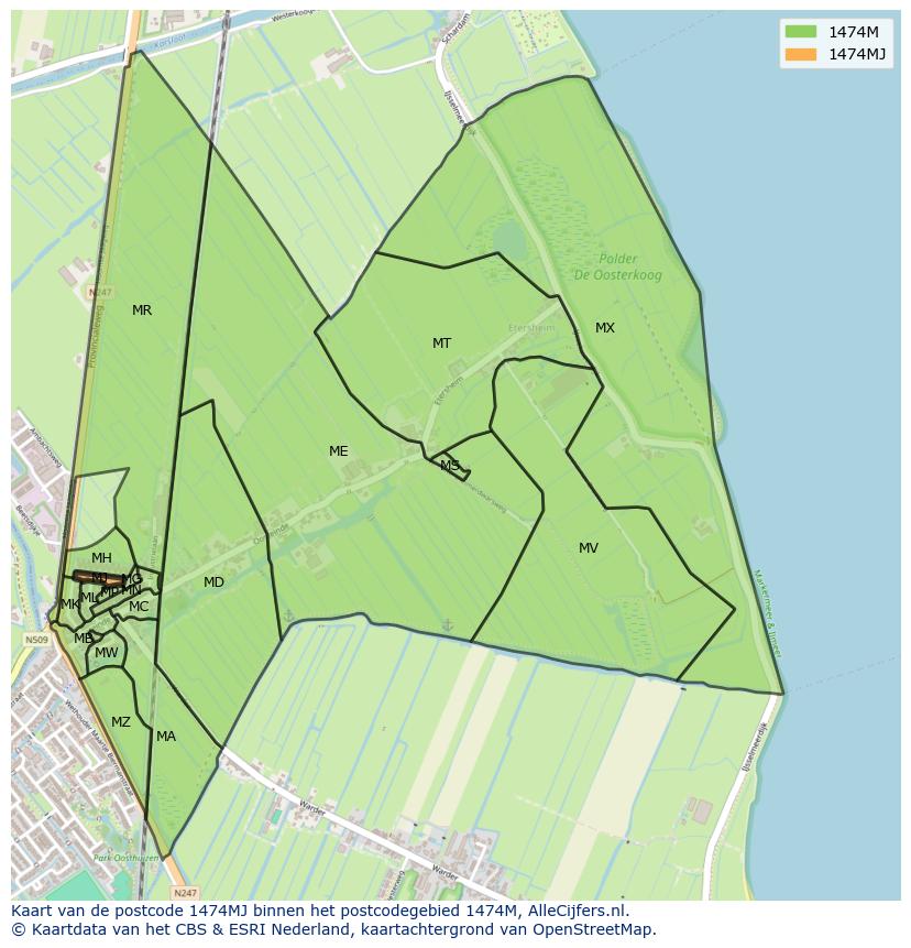 Afbeelding van het postcodegebied 1474 MJ op de kaart.