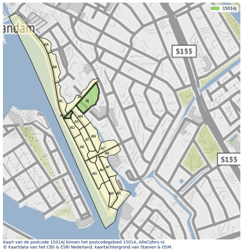 Afbeelding van het postcodegebied 1501 AJ op de kaart.
