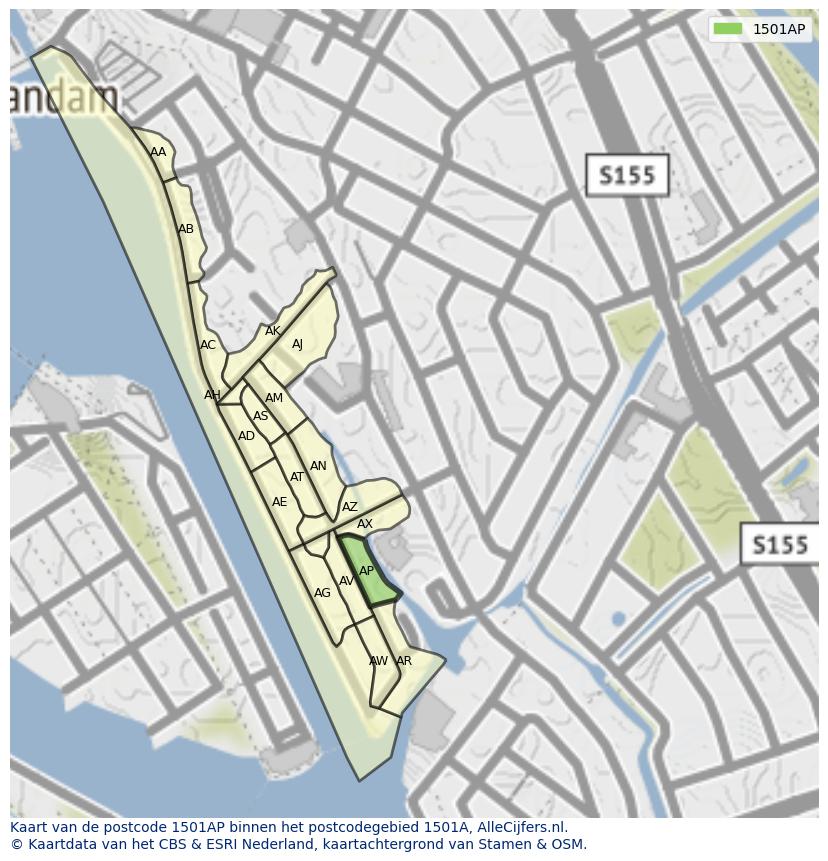 Afbeelding van het postcodegebied 1501 AP op de kaart.