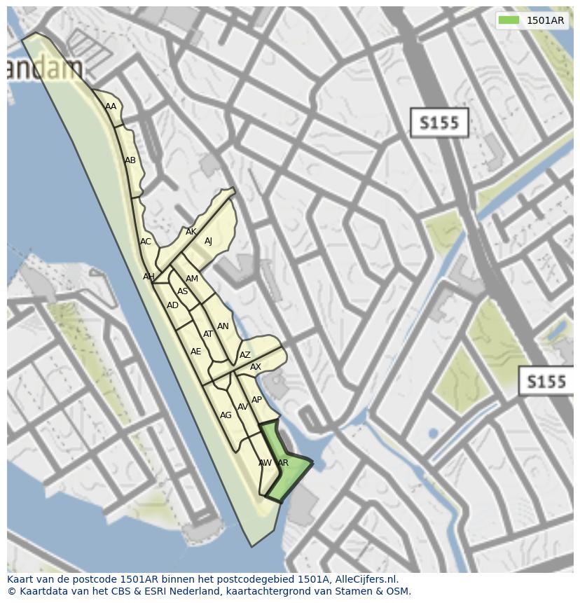 Afbeelding van het postcodegebied 1501 AR op de kaart.