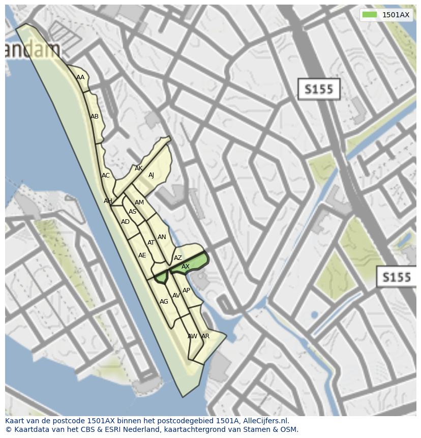 Afbeelding van het postcodegebied 1501 AX op de kaart.