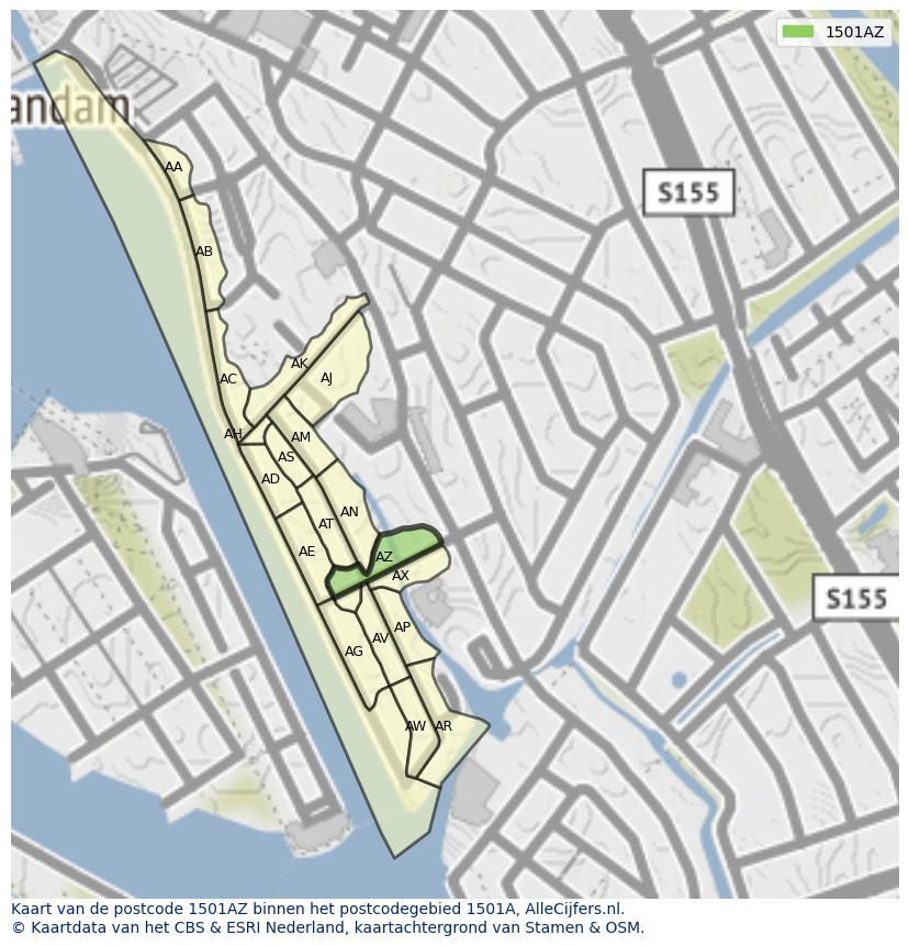 Afbeelding van het postcodegebied 1501 AZ op de kaart.