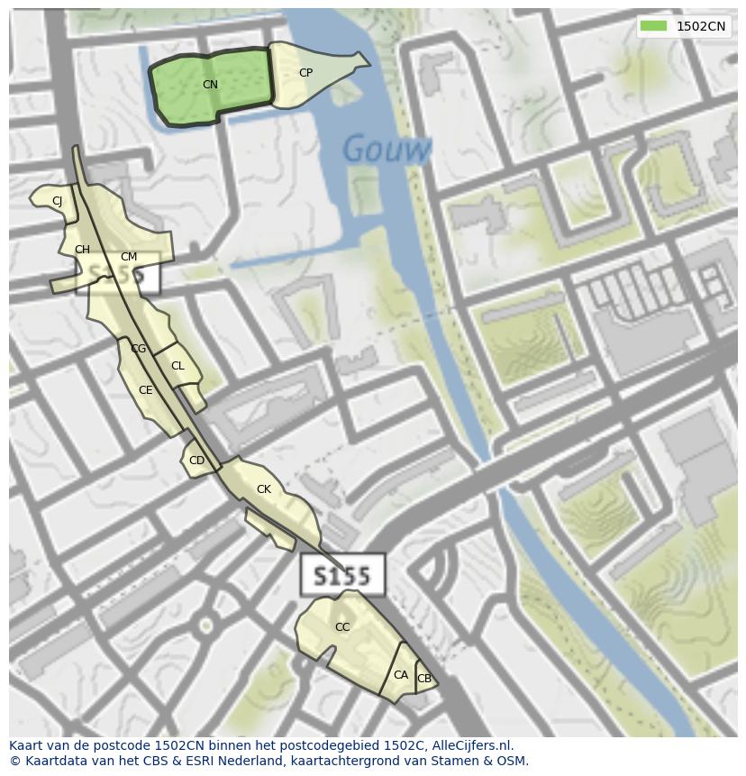 Afbeelding van het postcodegebied 1502 CN op de kaart.