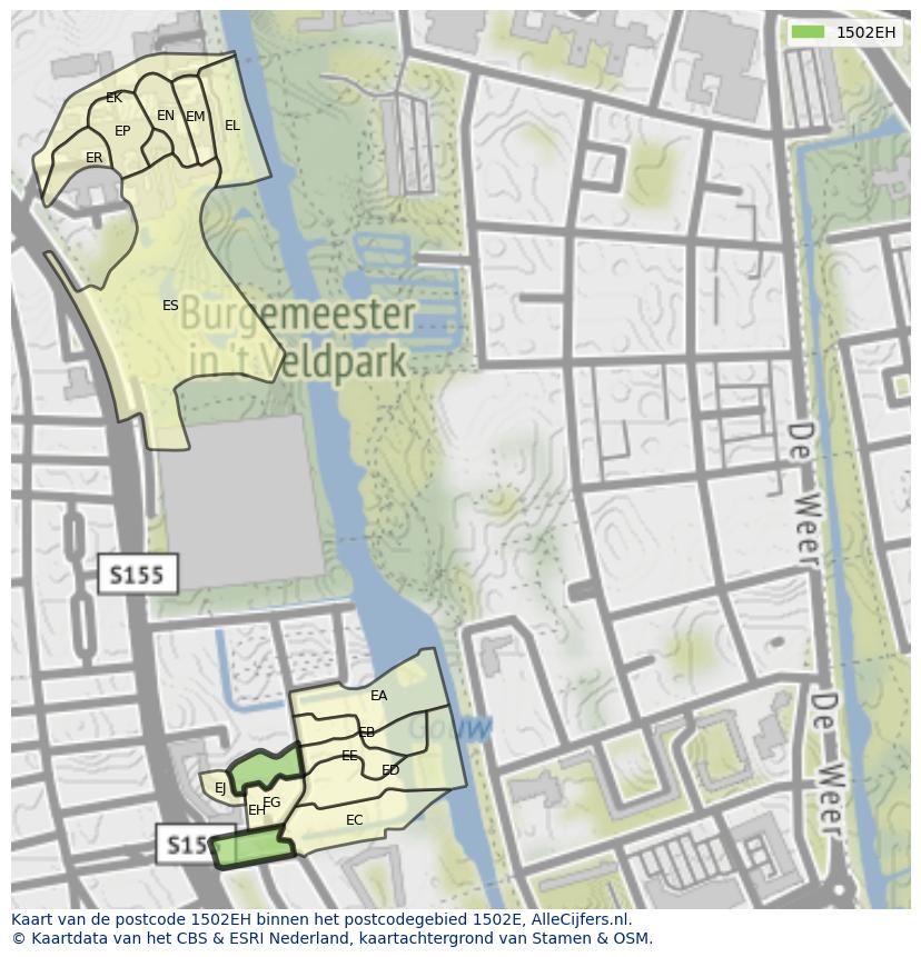 Afbeelding van het postcodegebied 1502 EH op de kaart.