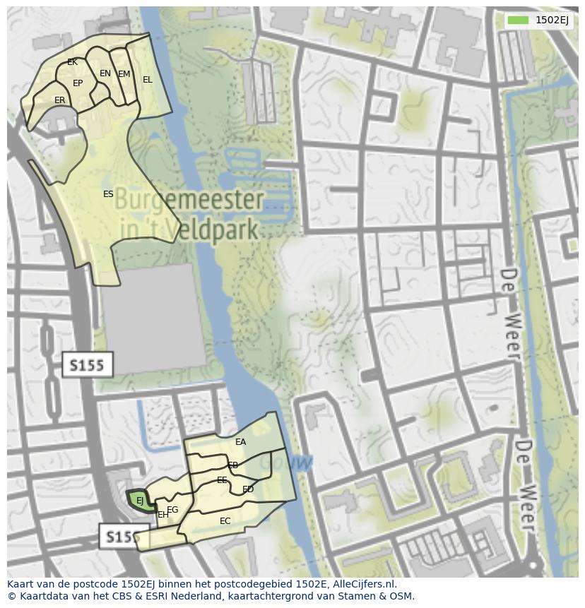Afbeelding van het postcodegebied 1502 EJ op de kaart.