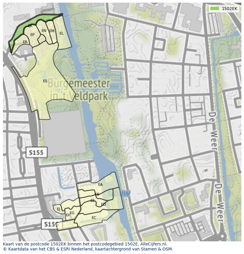 Afbeelding van het postcodegebied 1502 EK op de kaart.