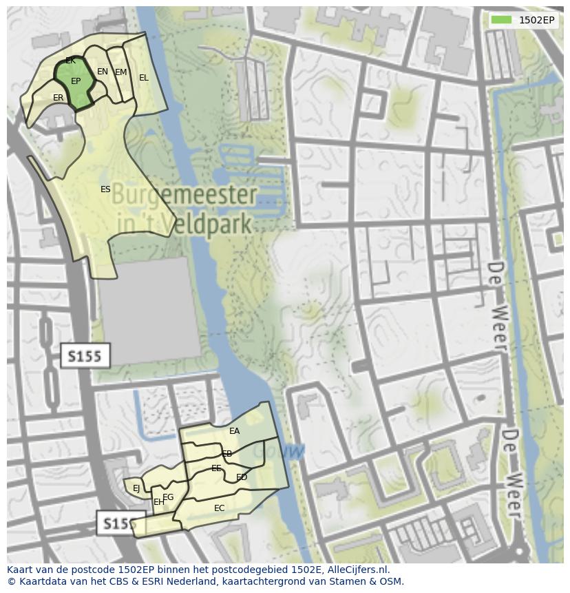 Afbeelding van het postcodegebied 1502 EP op de kaart.