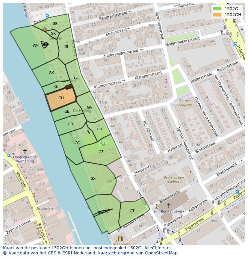 Afbeelding van het postcodegebied 1502 GH op de kaart.