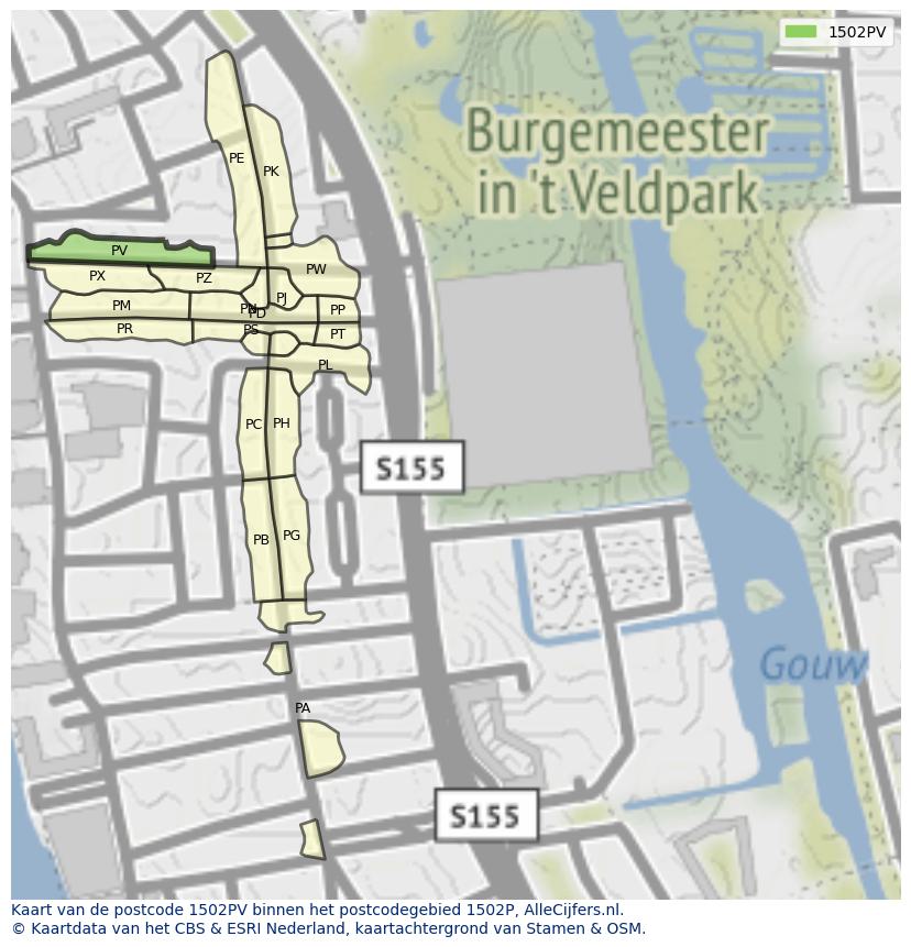 Afbeelding van het postcodegebied 1502 PV op de kaart.