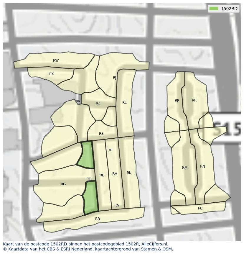 Afbeelding van het postcodegebied 1502 RD op de kaart.