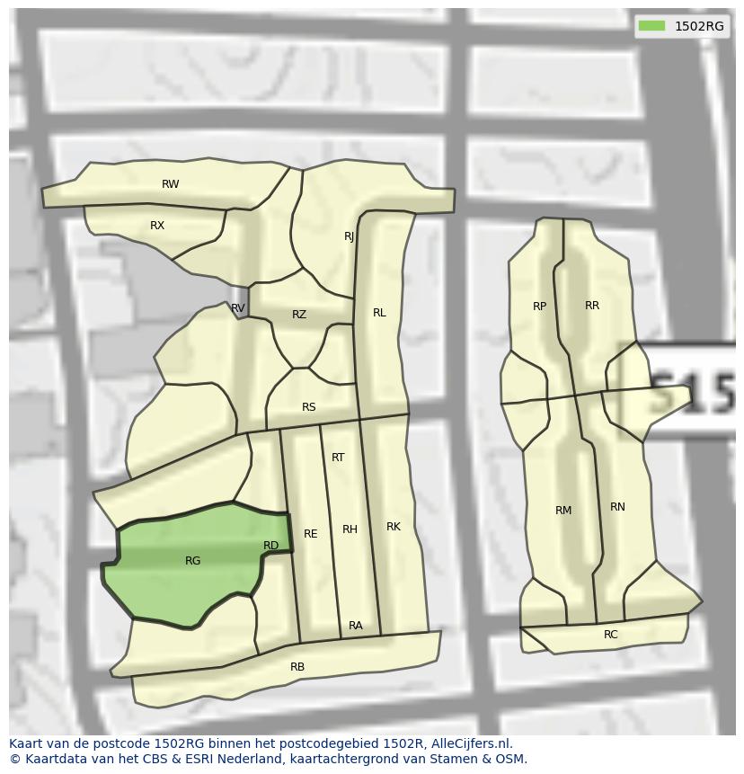 Afbeelding van het postcodegebied 1502 RG op de kaart.
