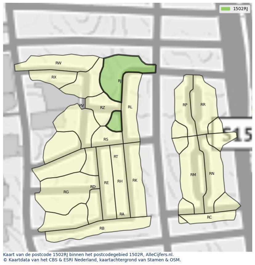 Afbeelding van het postcodegebied 1502 RJ op de kaart.
