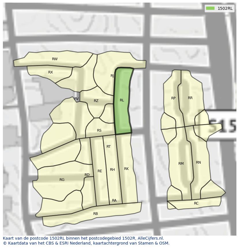 Afbeelding van het postcodegebied 1502 RL op de kaart.
