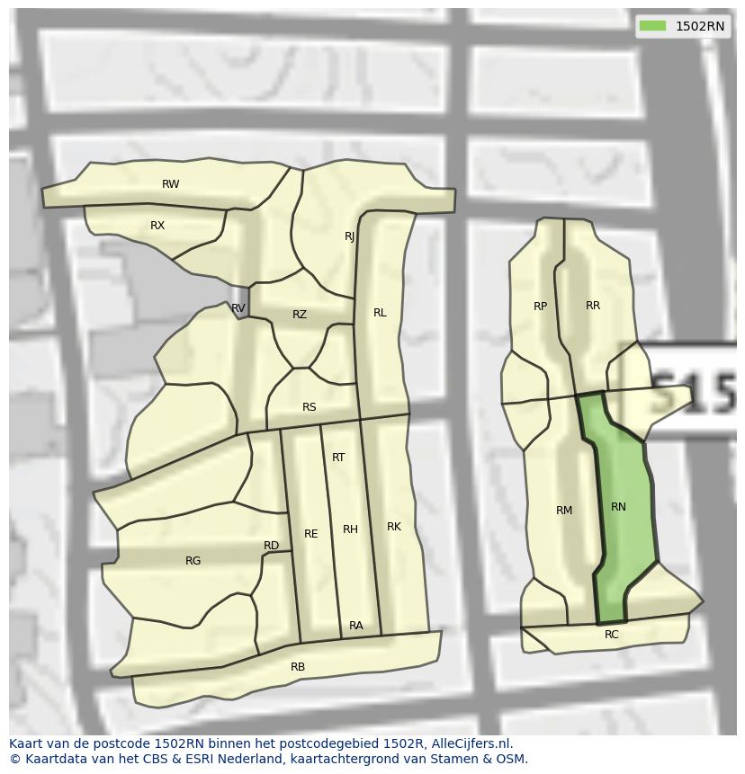 Afbeelding van het postcodegebied 1502 RN op de kaart.
