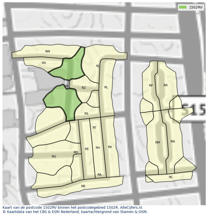 Afbeelding van het postcodegebied 1502 RV op de kaart.