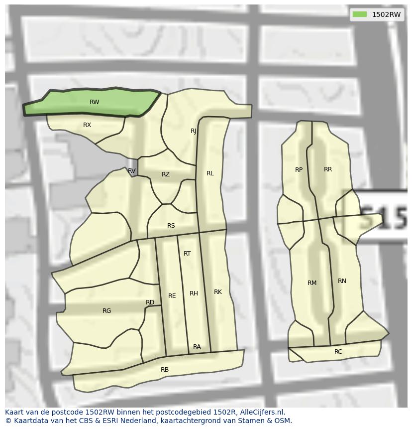 Afbeelding van het postcodegebied 1502 RW op de kaart.