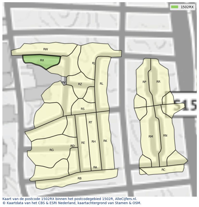Afbeelding van het postcodegebied 1502 RX op de kaart.