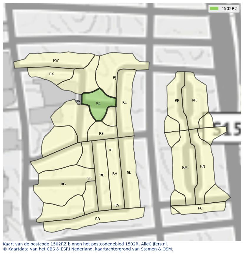 Afbeelding van het postcodegebied 1502 RZ op de kaart.