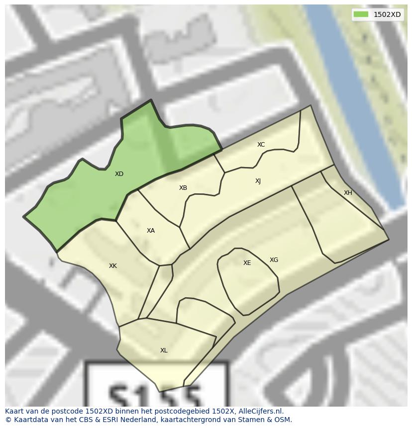 Afbeelding van het postcodegebied 1502 XD op de kaart.