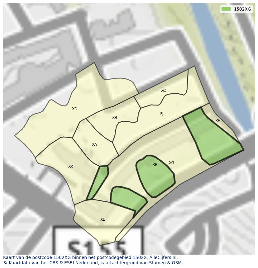 Afbeelding van het postcodegebied 1502 XG op de kaart.