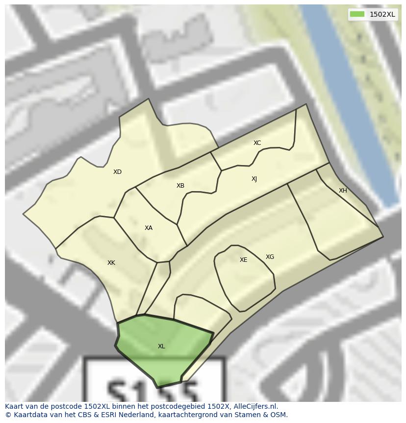 Afbeelding van het postcodegebied 1502 XL op de kaart.