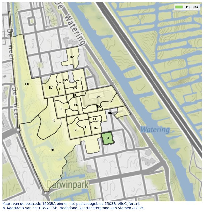 Afbeelding van het postcodegebied 1503 BA op de kaart.