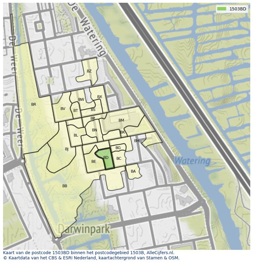 Afbeelding van het postcodegebied 1503 BD op de kaart.