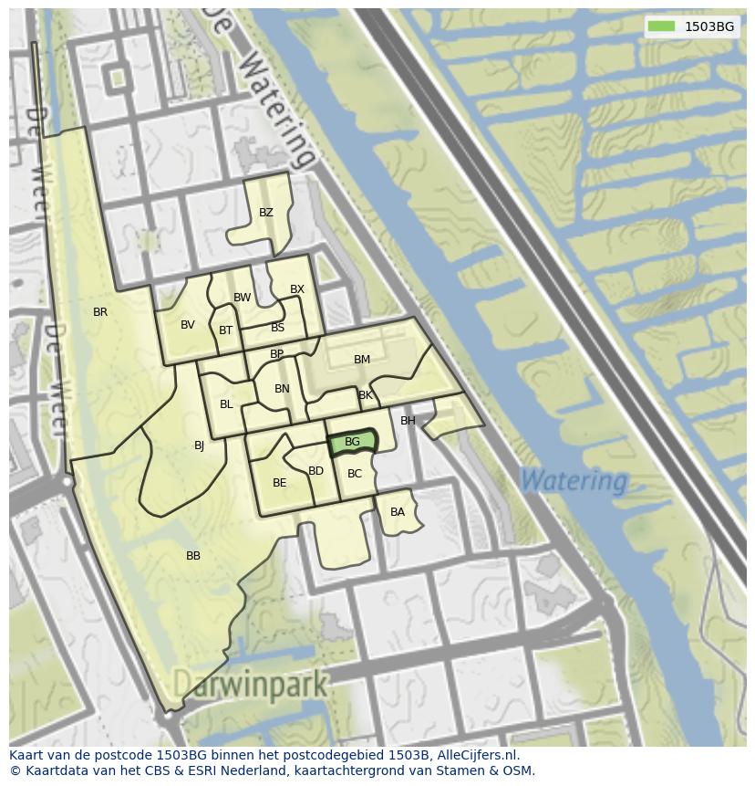 Afbeelding van het postcodegebied 1503 BG op de kaart.