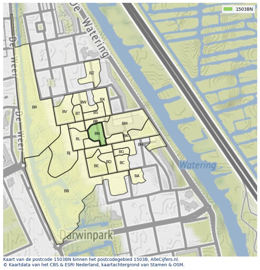 Afbeelding van het postcodegebied 1503 BN op de kaart.