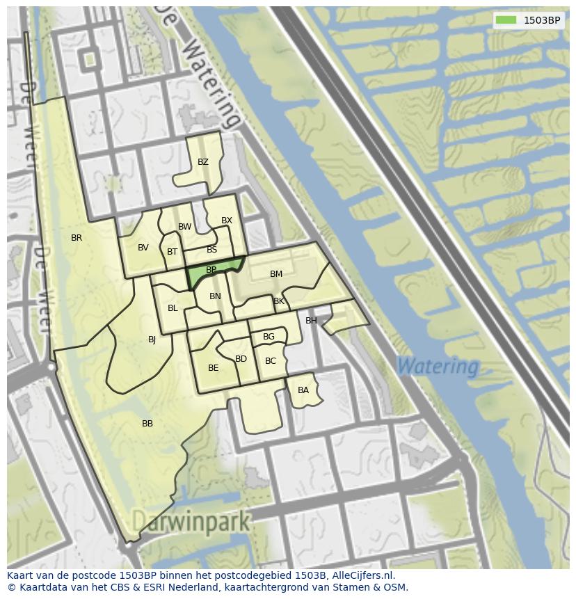 Afbeelding van het postcodegebied 1503 BP op de kaart.