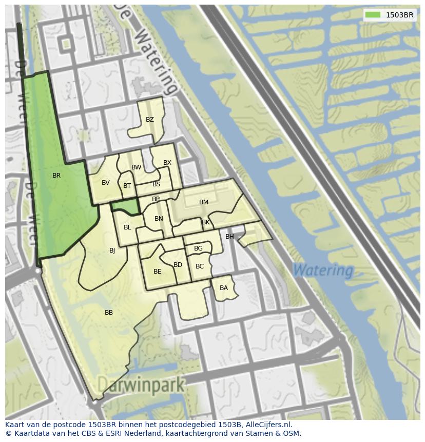 Afbeelding van het postcodegebied 1503 BR op de kaart.