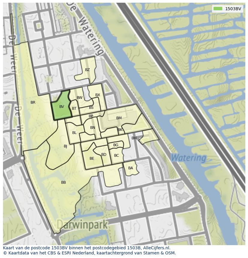 Afbeelding van het postcodegebied 1503 BV op de kaart.