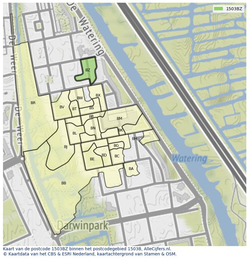 Afbeelding van het postcodegebied 1503 BZ op de kaart.