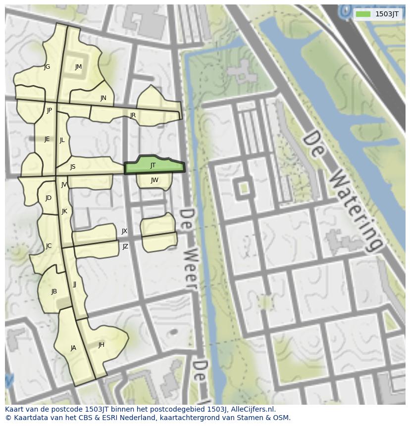 Afbeelding van het postcodegebied 1503 JT op de kaart.