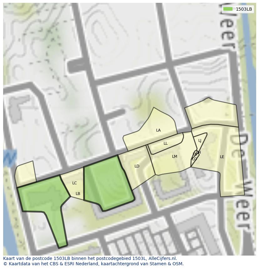Afbeelding van het postcodegebied 1503 LB op de kaart.
