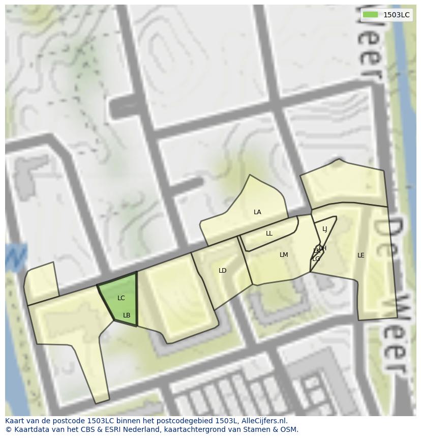 Afbeelding van het postcodegebied 1503 LC op de kaart.