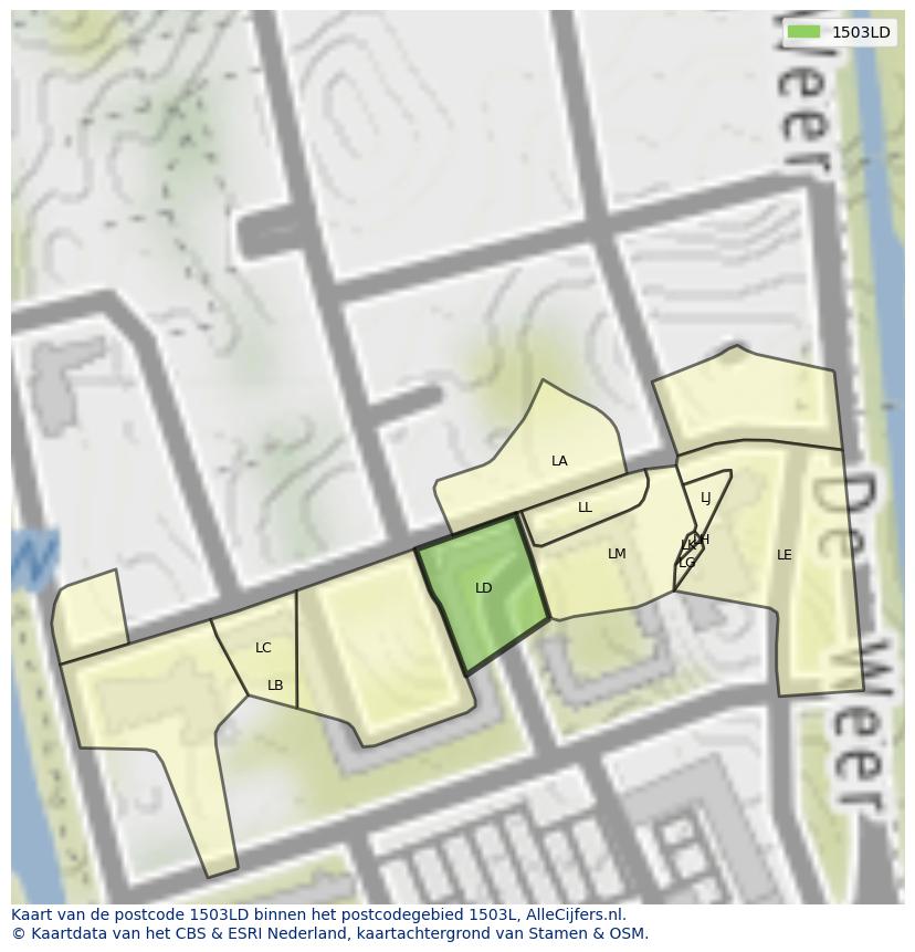 Afbeelding van het postcodegebied 1503 LD op de kaart.