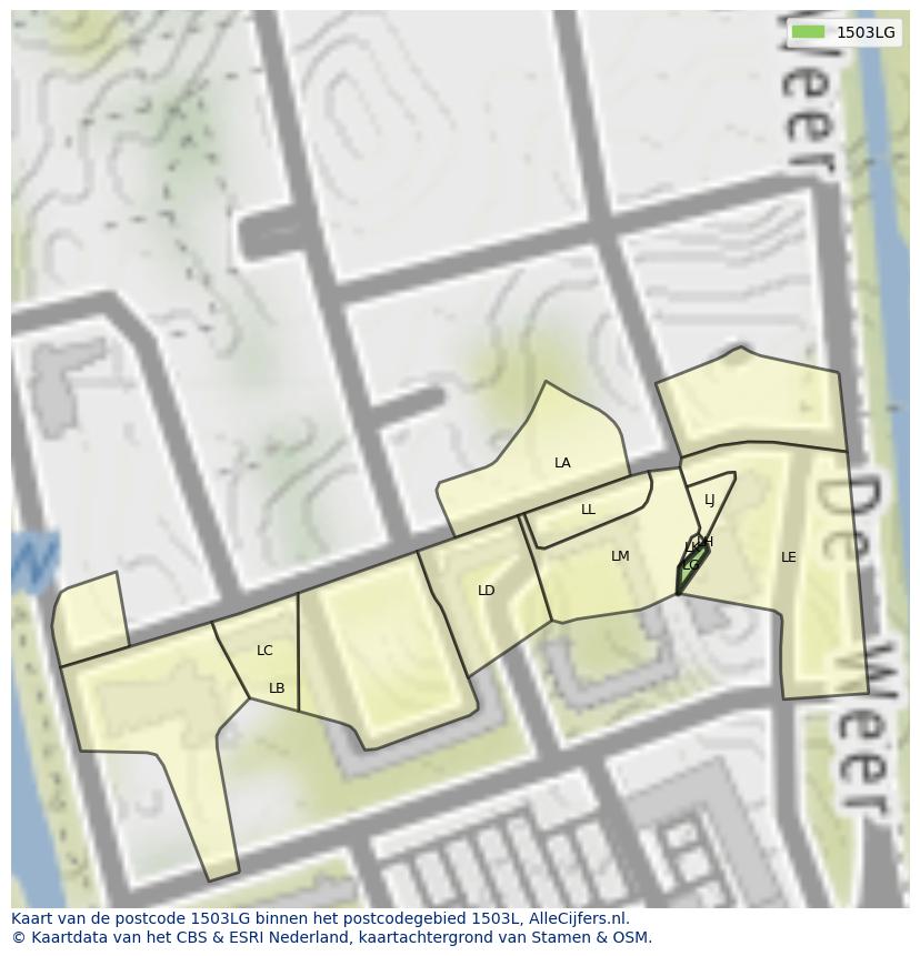 Afbeelding van het postcodegebied 1503 LG op de kaart.