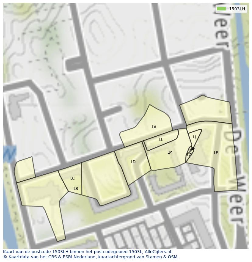 Afbeelding van het postcodegebied 1503 LH op de kaart.