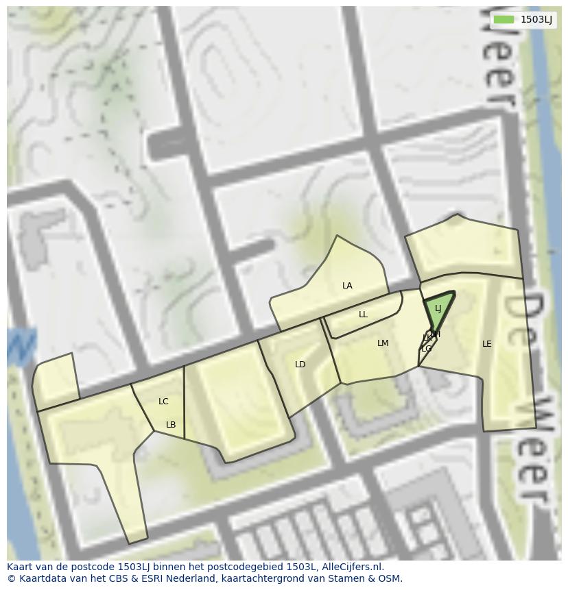 Afbeelding van het postcodegebied 1503 LJ op de kaart.