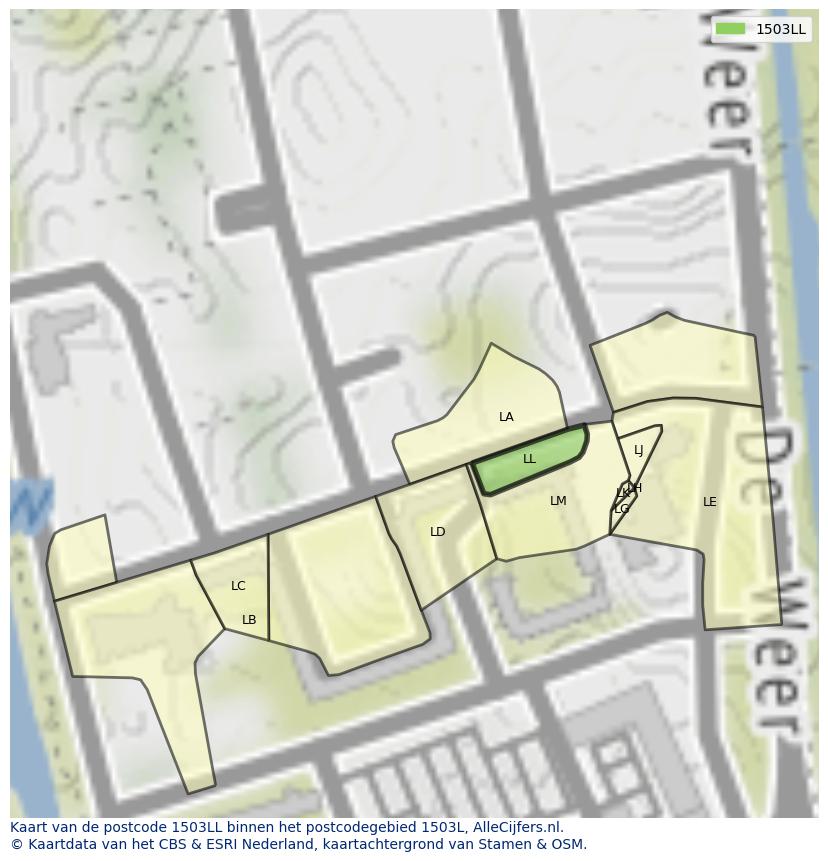 Afbeelding van het postcodegebied 1503 LL op de kaart.