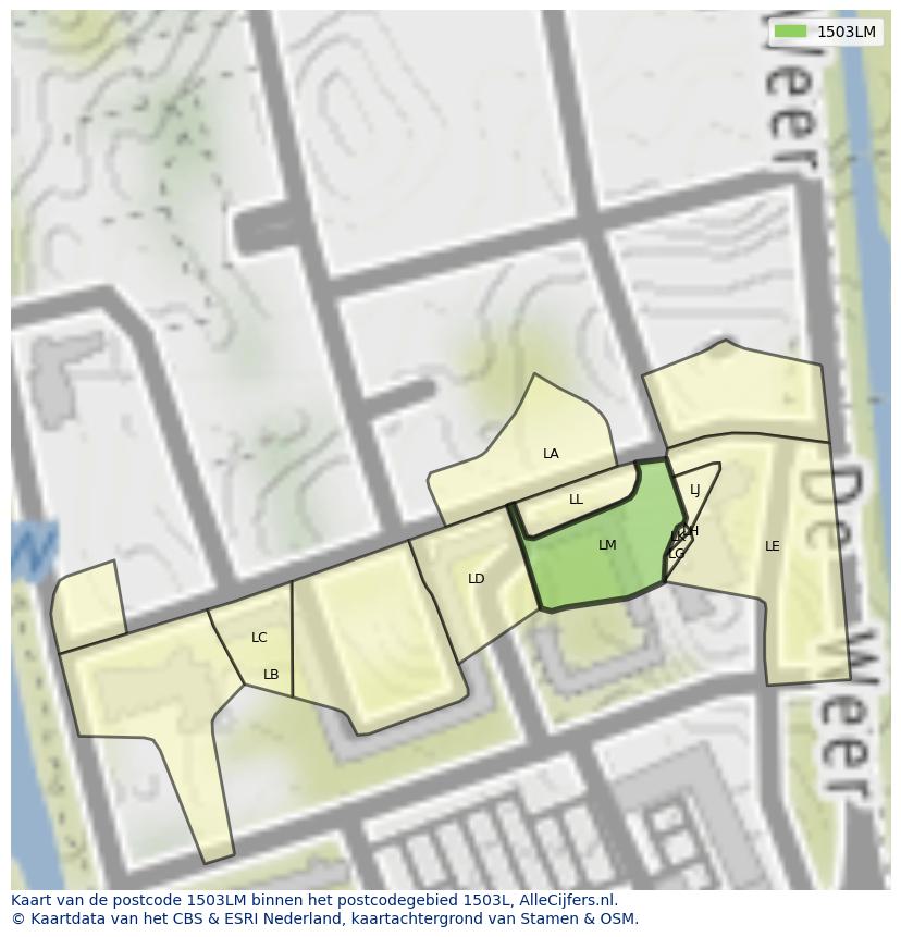 Afbeelding van het postcodegebied 1503 LM op de kaart.