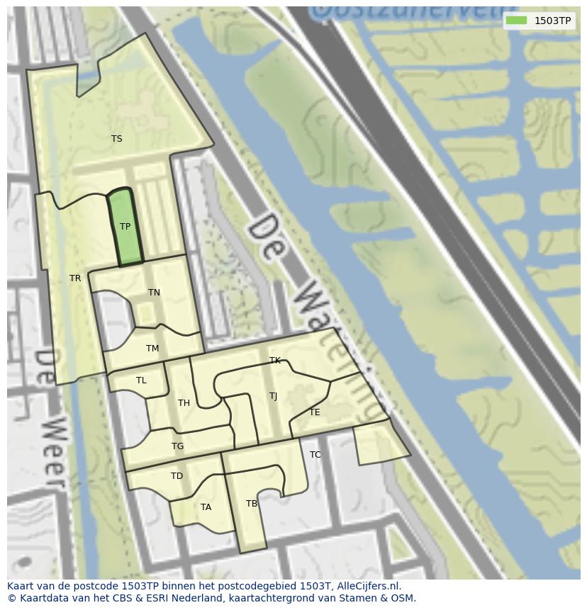 Afbeelding van het postcodegebied 1503 TP op de kaart.