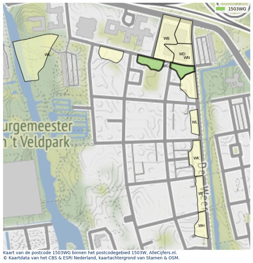 Afbeelding van het postcodegebied 1503 WG op de kaart.