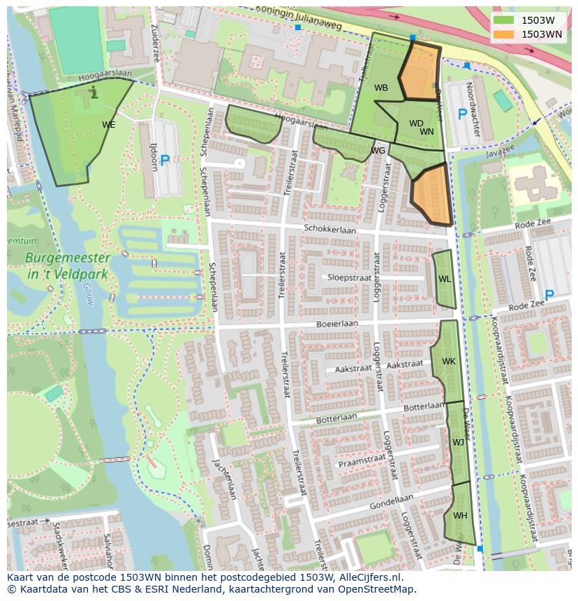 Afbeelding van het postcodegebied 1503 WN op de kaart.