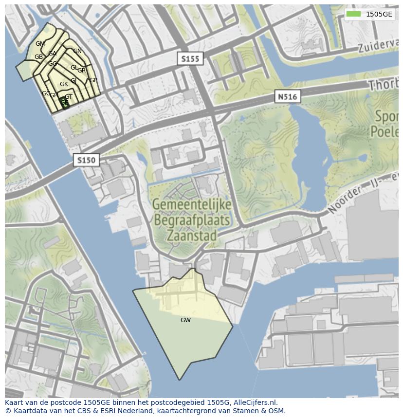 Afbeelding van het postcodegebied 1505 GE op de kaart.