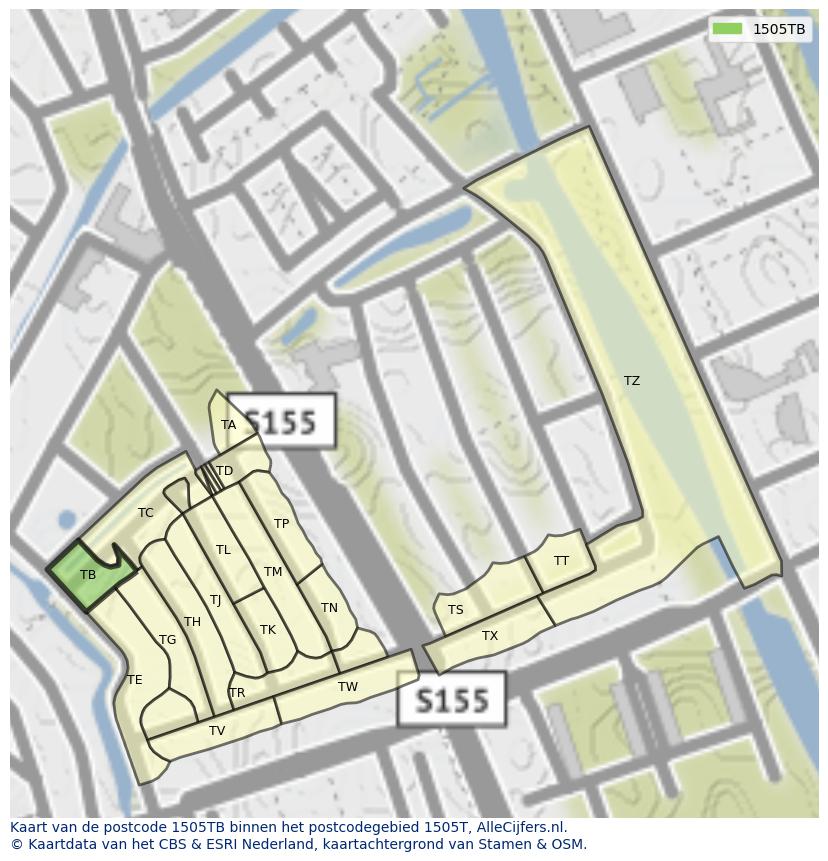 Afbeelding van het postcodegebied 1505 TB op de kaart.